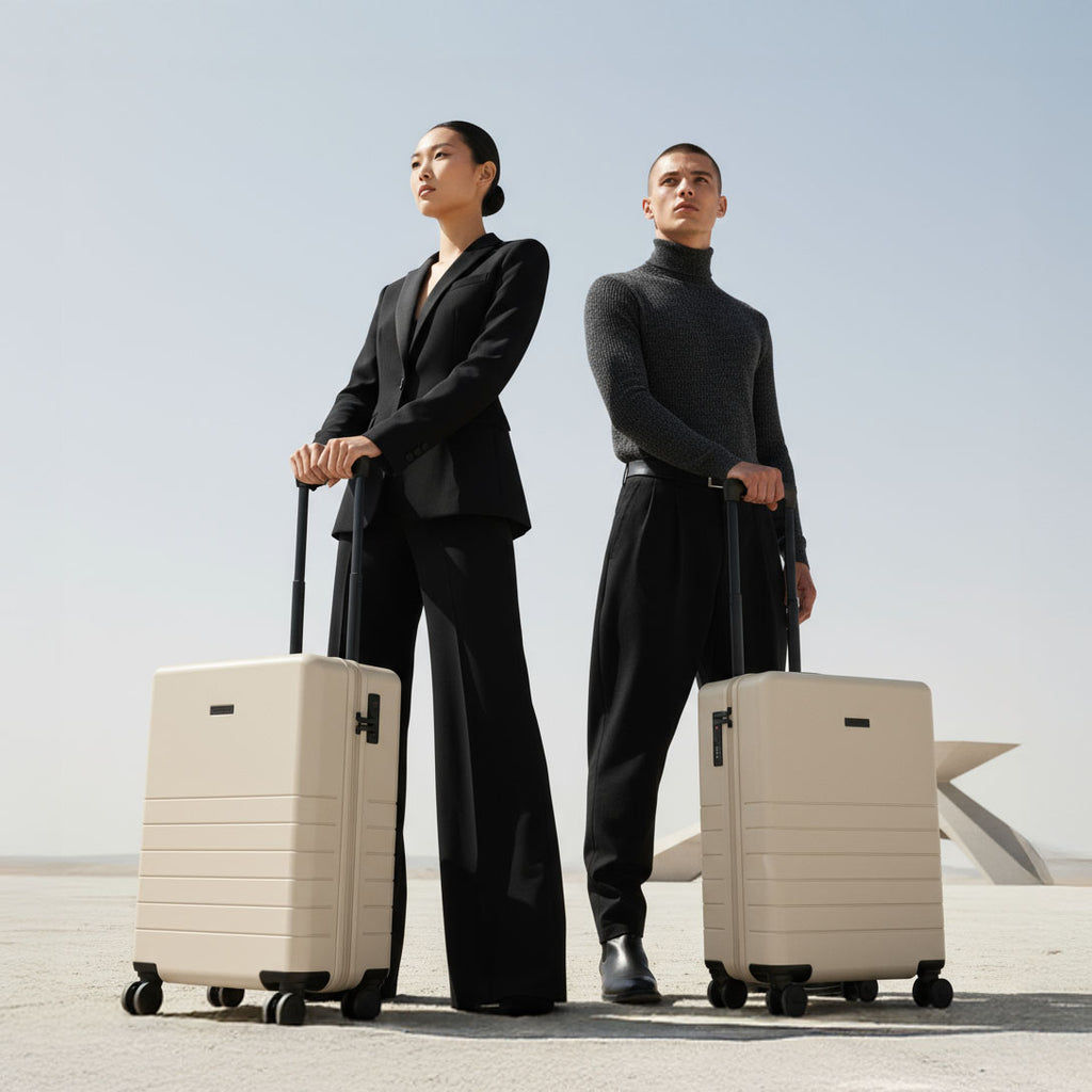 Handgepäckkoffer in creme mit zwei modernen Personen in schwarz gekleidet in der Wüste